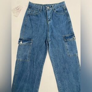 NWT‎ Y2K High Waisted Wide Leg Denim Jean Cargo Pants Streetwear Gorpcore